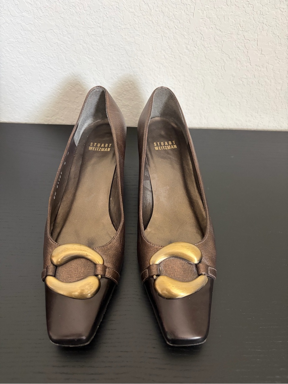 Vintage Stuart Weitzman Kitten Heels - Bronze Low Heel Pumps with Gold Hardwear